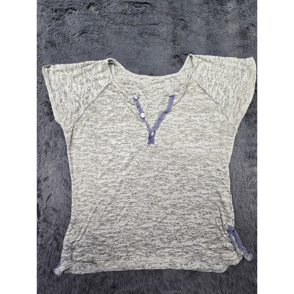 Womens Burnout Henley Top Grey Purple Ruffle Trim Short Sleeve Side Tie‎ Large